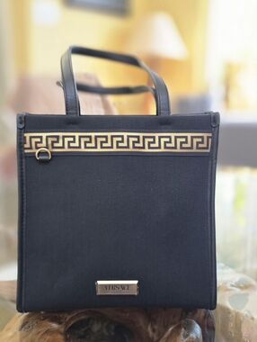 Versace Black Greek Key Canvas Tote Bag